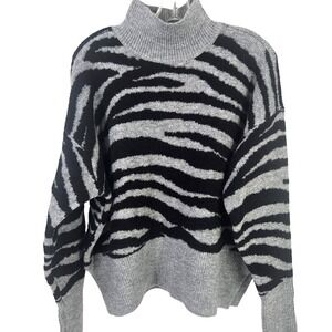 NWOT NINE WEST Womens Gray Black Zebra Print Mock Neck Long Sleeve‎ Sweater SZ L